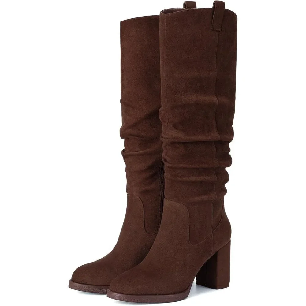 Women's Chocolate Tall Chunky High Heel Side Zipper Knee High Boots With Party